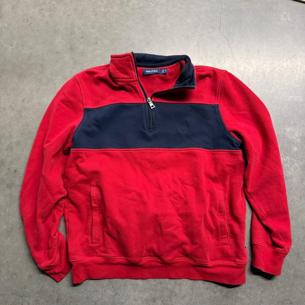 Nautica Mens Red Navy Blue Colorblock Quarter Zip Fleece Pullover Sweatshirt M